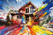 An HD-captured image of a beautiful top full-frame view of a house, featuring vivid and clear paint splashes in various colors on a stunning and visually appealing abstract background.