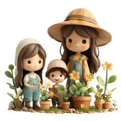 Wall Mural - A 3D cartoon illustration of a mother and children happily watering plants.