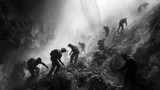 Fototapeta  - A group of people climbing up a mountain in the fog, AI