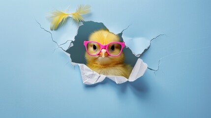 Wall Mural - A small yellow bird wearing pink glasses peeks out of a hole in a blue wall