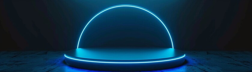 Glowing neon blue platform, dark 3D podium, abstract circle stage, modern product display