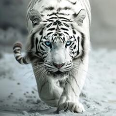 Sticker - a white tiger with blue eyes walking on snow