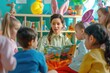 A crowd of children are gathered around a table sharing art supplies in a room with a window. They are wearing colorful tshirts, enjoying a fun leisure event AIG42E