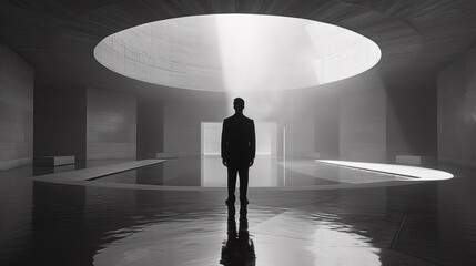 Wall Mural - A man standing in a large room with light coming from the ceiling, AI