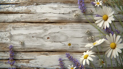 Canvas Print - A wooden plank with daisies and lavender on it, AI