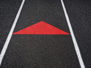 Wall Mural - Track and Field Running Lanes. Overhead view of a rubber black running track surface with white lane lines. A red arrow points forward or upwards. Texturized rubber black surface.