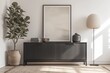 Modern sideboard with black wooden doors and legs, white wall background, modern interior design 