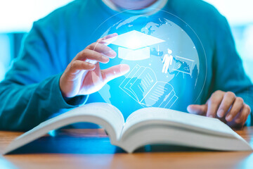 Fototapete - Concept of Online education. man use Online education training and e-learning webinar on internet for personal development and professional qualifications. Digital courses to develop new skills.