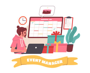 Poster - Event manager woman simple. Young girl with laptop near gift boxes and calendar. Planning and scheduling. Wedding or anniversary. Doodle flat vector illustration isolated on white background