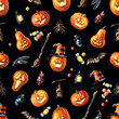 Happy Halloween Pumpkin  lantern seamless pattern. Hand drawn watercolor illustration isolated black background