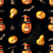 Happy Halloween Pumpkin lantern seamless pattern. Hand drawn watercolor illustration on dark background