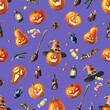 Happy Halloween Pumpkin  lantern seamless pattern. Hand drawn watercolor illustration isolated on white background