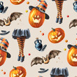 Happy Halloween Pumpkin lantern seamless pattern. Hand drawn watercolor illustration, isolated on white background
