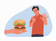 Young man showing a negative gesture and stop to the fast food. Burger on hand. Vector cartoon flat style illustration