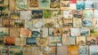 A whimsical collage of vintage postcards arranged on a gallery wall, reminiscent of travels past.
