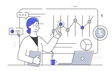 Fototapete - marketing data analytics linear. woman with graphs and diagrams. statistics and infographics, data v
