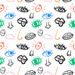 Colorful eyes, lips, noses seamless pattern in blue, green, pink, orange, black colors, hand drawn quirky doodle vector background