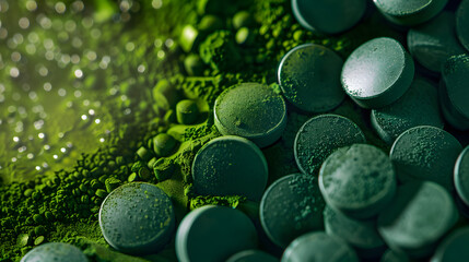 Green spirulina algae tablets and powder nutritional supplement macro close up top view.