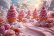 a real fantasy world made of candy and icecream with summer vibes and succulent fruits, ai generated