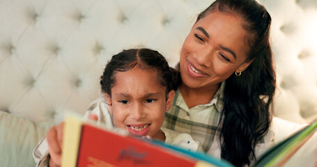 Poster - Reading, mother and daughter in bedroom with book, teaching and happy learning time in family home. Knowledge, fantasy and storytelling, mom and child relax on bed together with love, care and story.