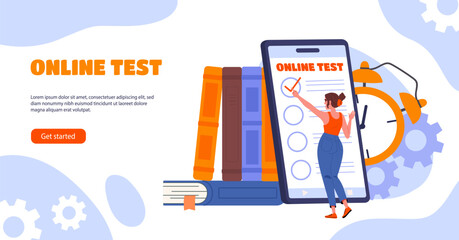 Poster - online test banner. woman with distant education, learning and training. student with examination. q