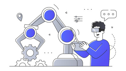 Poster - automation of production linear. man in virtual reality glasses near robotic hand with coghweels and