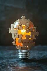 Puzzle piece fitting into light bulb shape, teamwork idea, warm desk light , studio lighting