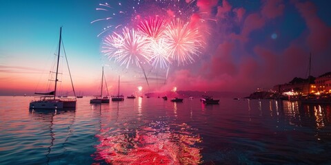 A fiery skyline of fireworks above a serene harbor, reflected in the waters below, exudes celebration.