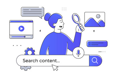 Poster - search content simple. woman with magnifying glass near seo system. information and knowledge on int
