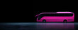 A vivid pink bus on a dark background with neon lights.