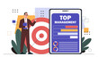 Top management concept. Businessman near bullseye with arrow. Businessman with graphs and diagrams, KPI of workers. Analyst conduct marketing research. Cartoon flat vector illustration