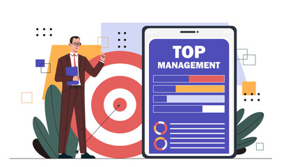 Fototapete - Top management concept. Businessman near bullseye with arrow. Businessman with graphs and diagrams, KPI of workers. Analyst conduct marketing research. Cartoon flat vector illustration