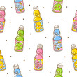 Seamless pattern with ramune japanese lemonades with different flavors in glass bottle on white background