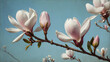 Pastel drawing of magnolia blossoms against a pale sky-blue background, with soft blending and layering techniques evoking a sense of serenity and tranquility.