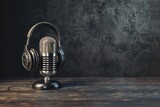 Fototapeta  - Podcasting and radio concept with retro microphone and headphones on empty wooden table and dark blank wall background with place for your logo or text. 3D rendering, mock up