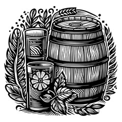 Wall Mural - Vintage wooden barrel with whiskey sketch PNG