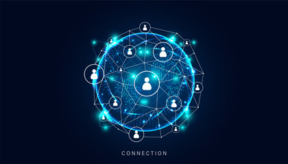 Poster - Network connection, digital hi-tech digital internet communication, technology on global background and people icons on modern background.