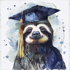 Canvas Print - Sloth graduate with watercolor splashes - Detailed watercolor illustration of a sloth in graduation cap, exuding a sense of pride and accomplishment