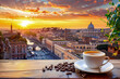 Espresso streams into a cup, beans around, with a lively Rome street scene unfolding at sunset