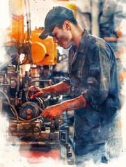 Man operating heavy machinery in a factory - Detailed watercolor showcasing a focused man operating machinery within an industrial backdrop, evoking hard work and skills