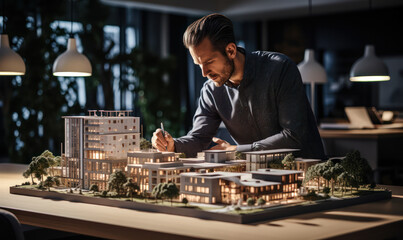 Poster - focused architect reviewing a detailed architectural model of urban buildings in a well-lit modern o