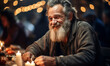 Warmly smiling elderly bearded man in casual clothes enjoying a meal at a busy social gathering with festive lights in the background