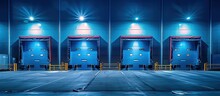 The Blue Industrial Warehouse Is Fronted By A Large Concrete Parking Lot, With Many Large Doors At Night Illuminated By Lights.