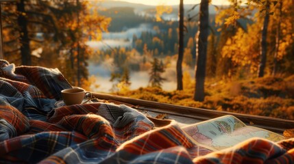 Poster - A cozy scene with a blanket, a cup of coffee, and a map. Concept of relaxation and adventure, as the person can enjoy a warm drink while planning their next outdoor excursion