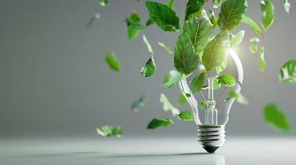 Illustration light bulb with flying green leaves on nature blur background. AI generated image