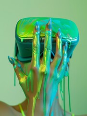 Aufkleber - Futuristic Fantasy: Female Hand with Holographic Paint Exploring Virtual Reality Technology