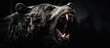 A side view portrait of an angry black bear, roaring and opening its mouth, revealing its sharp, powerful teeth and fangs. A wild, predatory animal against a dark background.