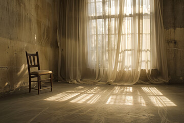 Poster - A chair is sitting in front of a window with white curtains