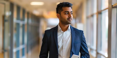 Canvas Print - A man in a suit is walking down a hallway with a tablet in his hand. He is focused and serious, possibly working or attending a meeting