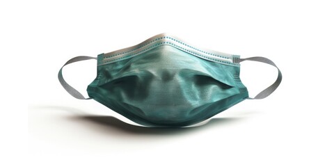 Wall Mural - A blue surgical mask is on a white background. The mask is made of plastic and has a black and white design